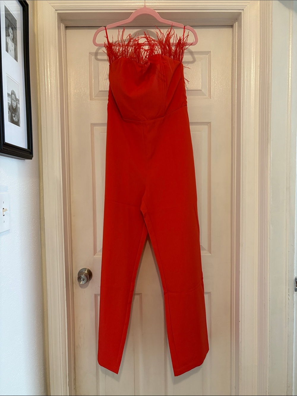 Bright orange red Feather-Trim Strapless Jumpsuit